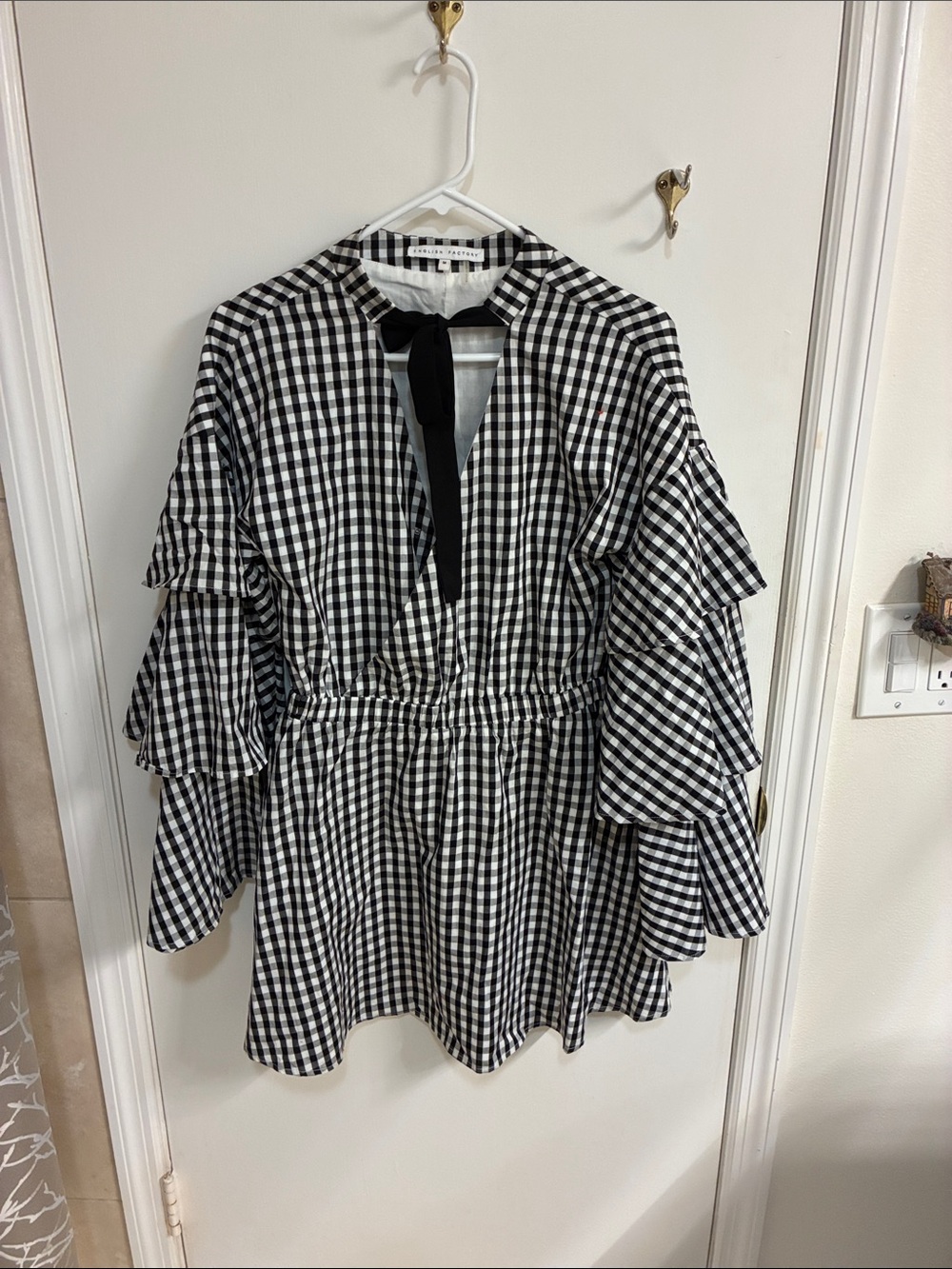 English Factory by Anthropologie Black/White Gingham Tiered-Sleeve Dress Sz M